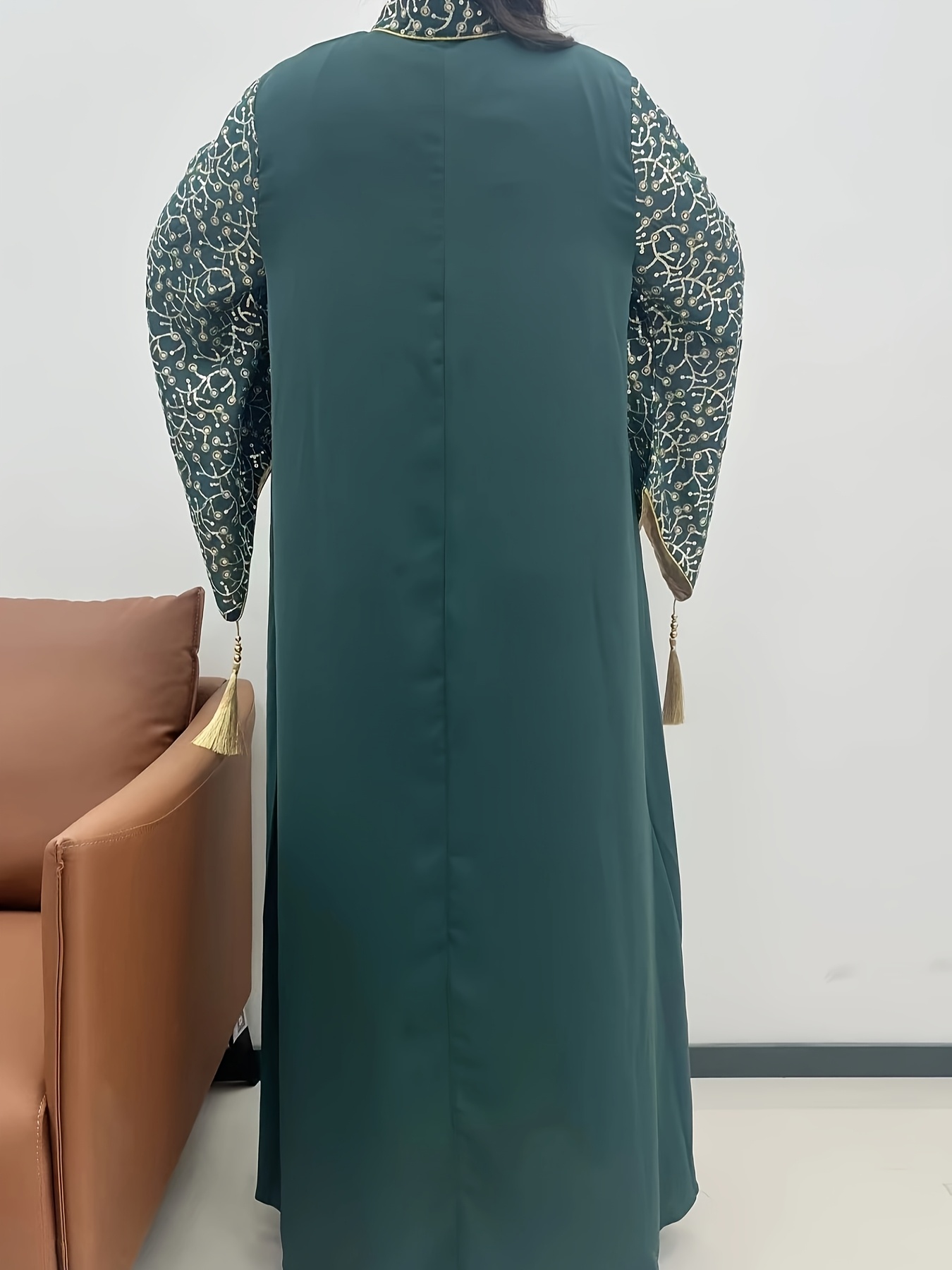 emerald green muslim dress Luxury Dubai muslim Sage Green Mermaid Cape Sleeves Beaded Satin Luxury Evening Dresses Gowns for Women Party LA72413 Sage Green / 12 main image 1