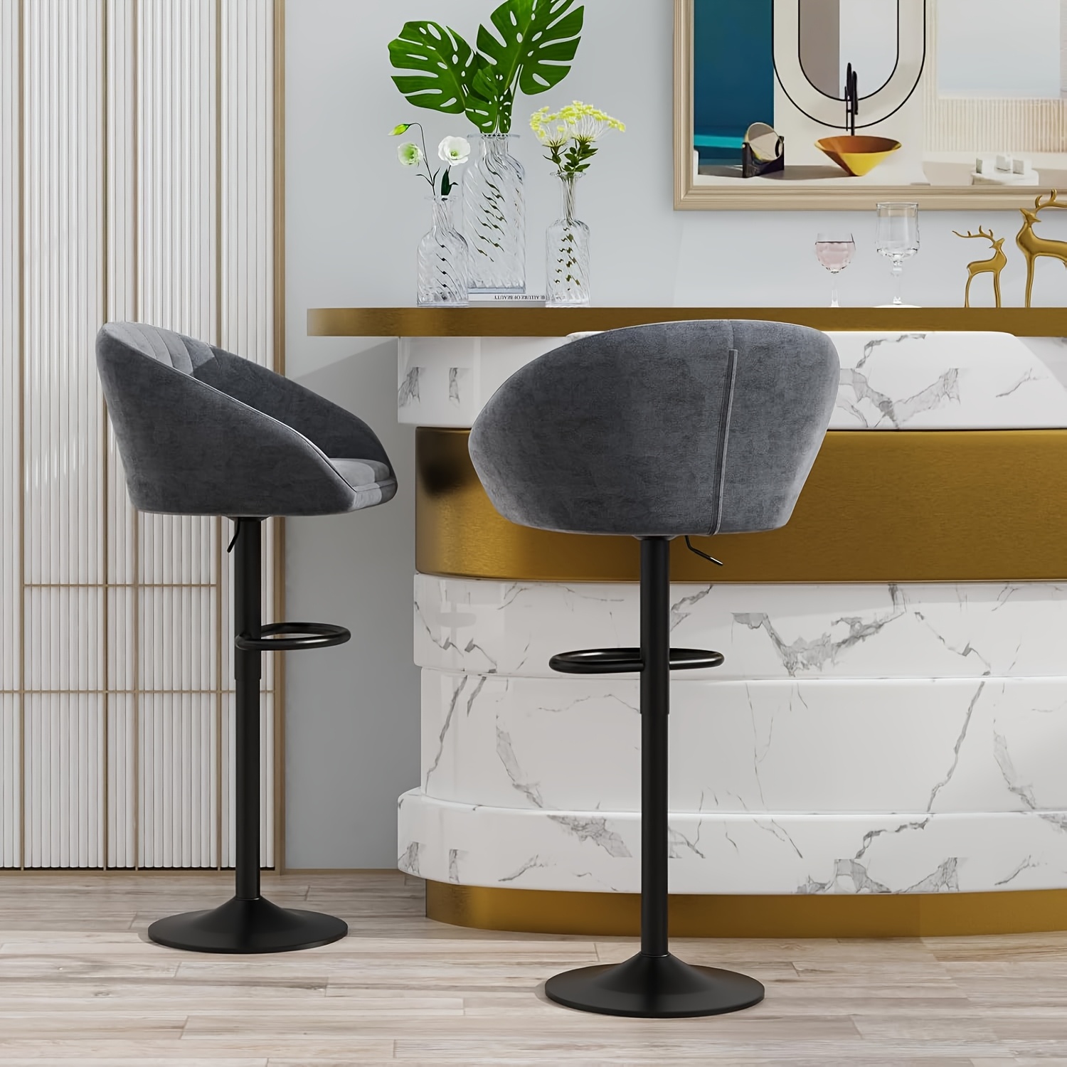 TEMU Pair Of 2 Bar Stools, Bar Chairs With Velvet Lift Stool, Swivel Kitchen Stool Adjustable Height Bar Stool For Kitchen, Bar, Counter, Home Bar