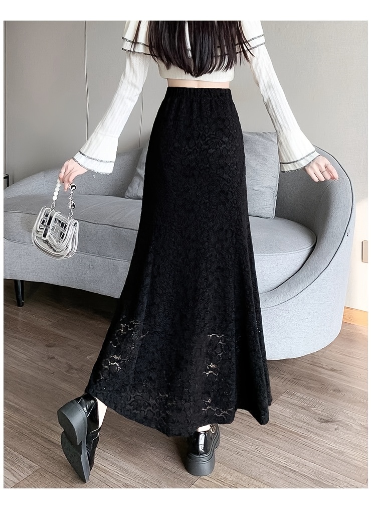 elegant high waist lace mermaid midi skirt black beige