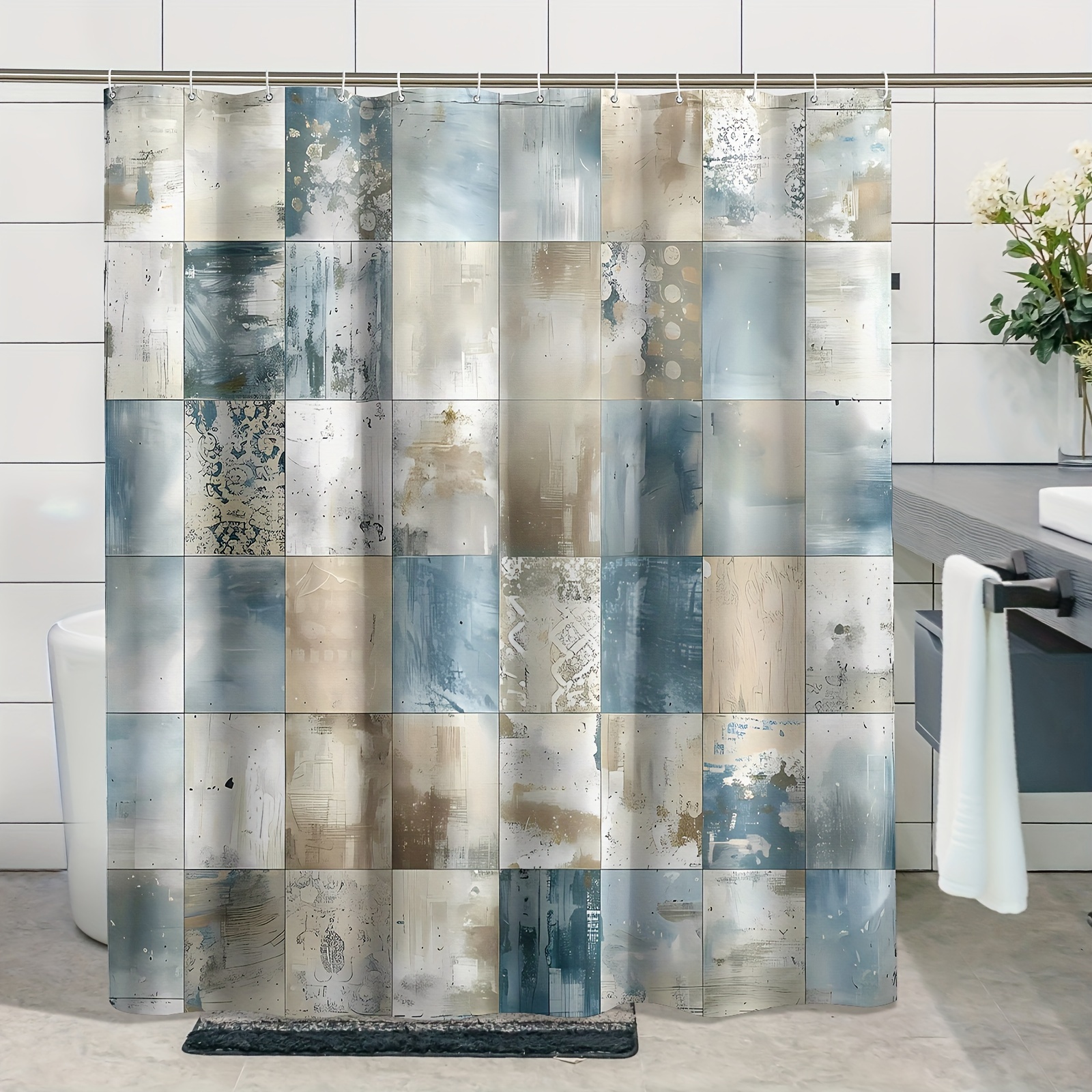 

1pc Plaid Blue & Gray Shower Curtain, Waterproof Polyester Fabric With 12 Hooks, Decorative Bathroom Partition, Textured Modern Minimalist Gradient Design For Home Bathtub Decor