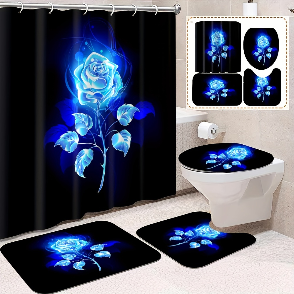 

1/4pcs Blue Rose Pattern Shower Curtain Set, Bathroom Full Set Including Waterproof Shower Curtain, Non-slip Mat, Toilet Lid Pad, U-shaped Bath Mat, Decorative Bathroom Accessories