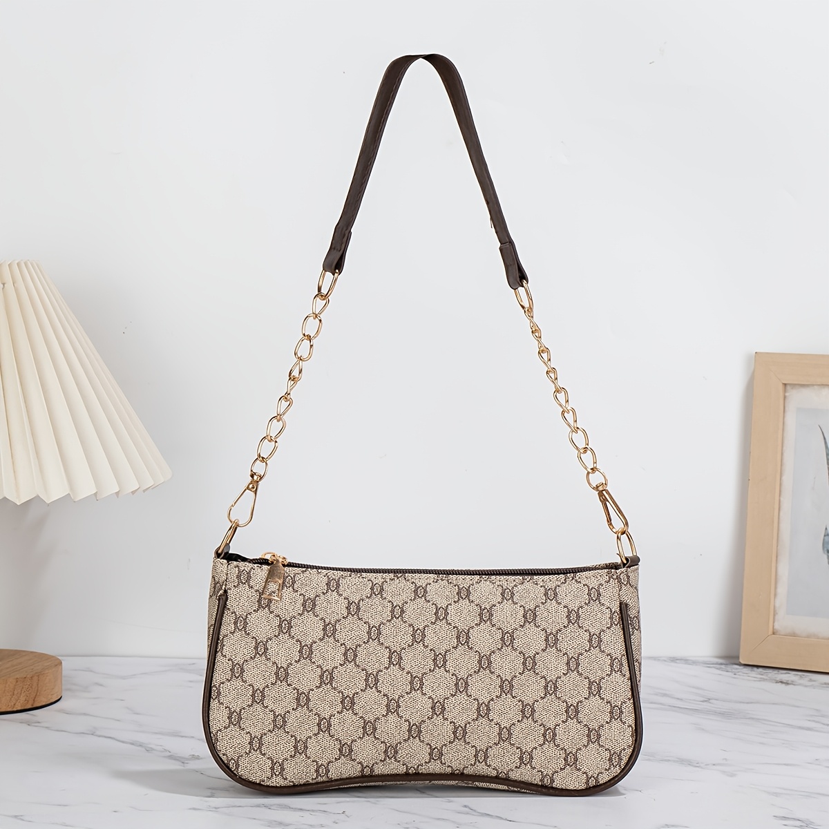 TEMU Borsa a tracolla da donna stile baguette francese color caff癡 con occhiali da , tessuto resistente all'usura con chiusura a cerniera, borsa