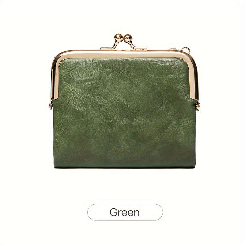 Image of Double-fold Vintage Short Wallet, Women' Purse With Zipper And Kiss Lock, Solid Color Multi-functional Folding Wallet With Credit Card Holder