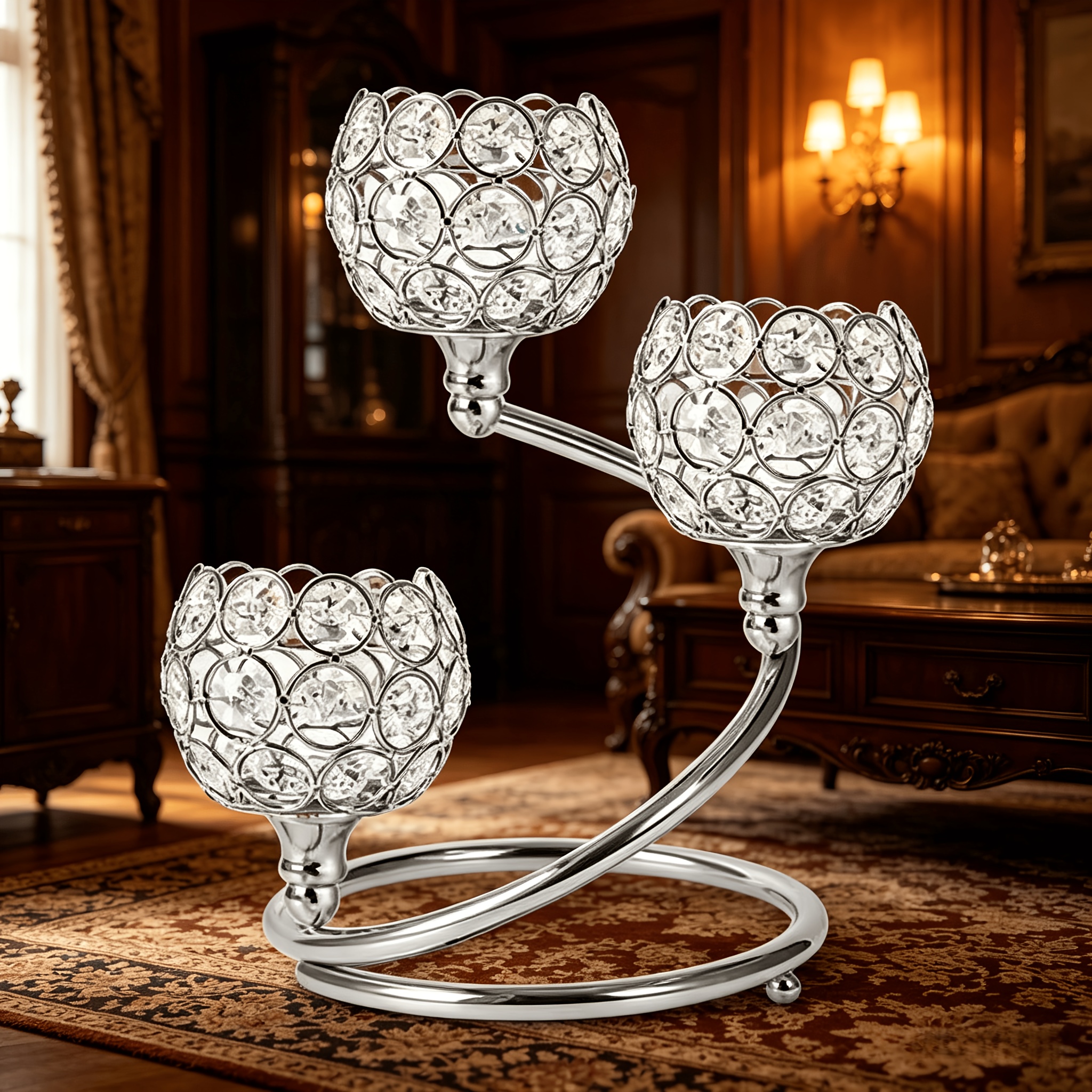 TEMU Ensemble de 3 bougeoirs en cristal de style européen, de boutons sphériques creux électroplaqués, décoration intérieure pour dîner de cierges de