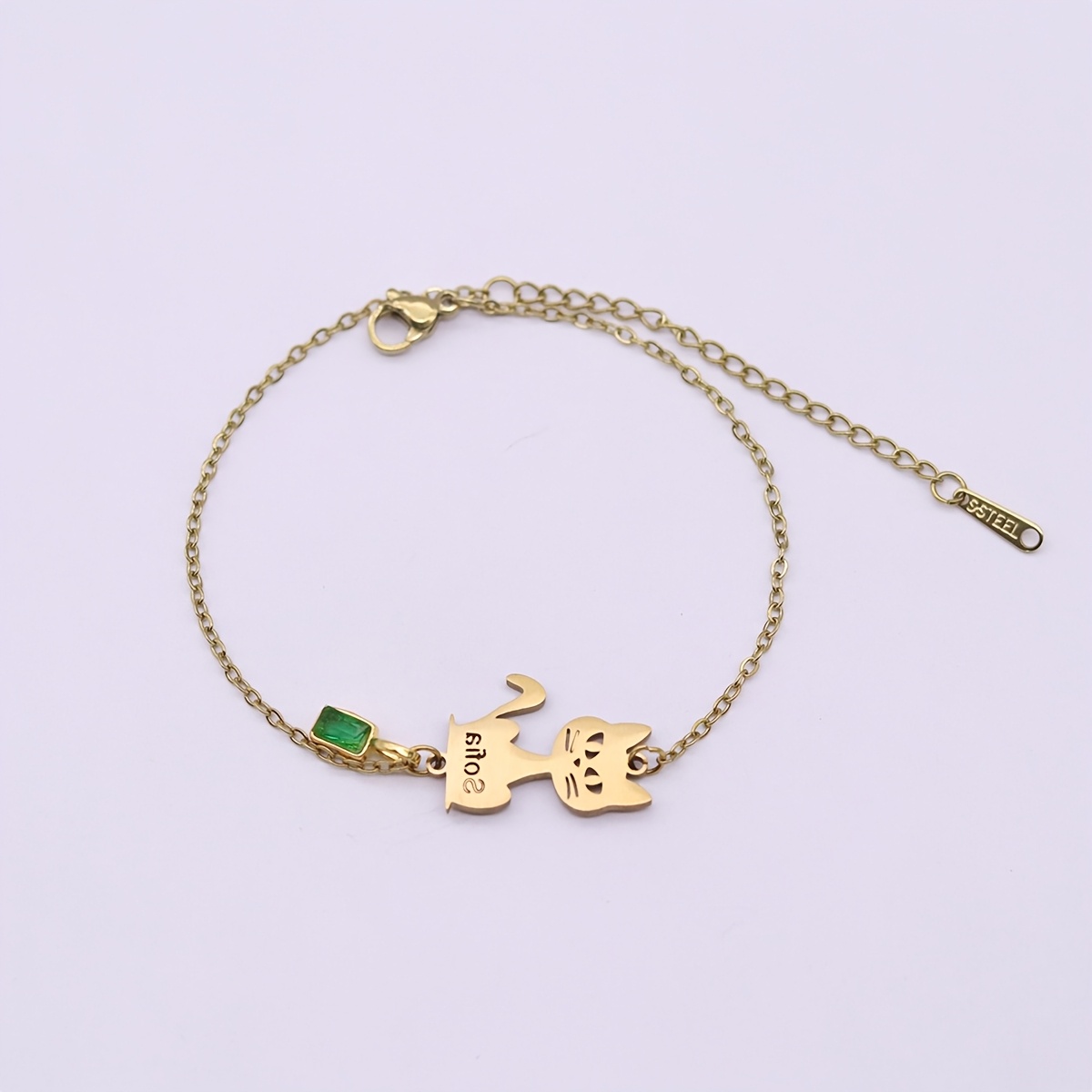 Customizable Cat Silhouette Bracelet with Name and Green Zirconia