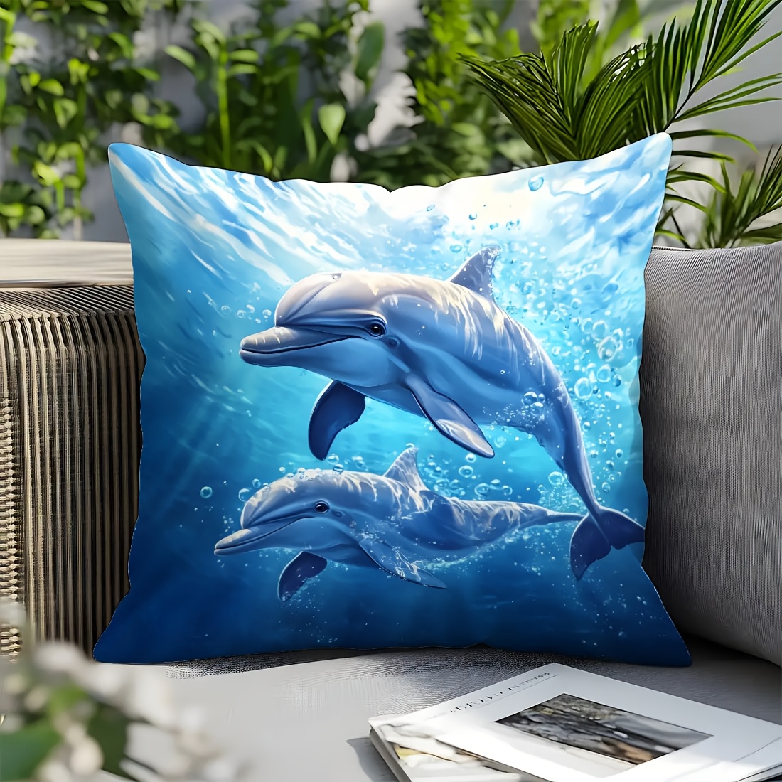 TEMU Ein bedruckter Kissenbezug mit Delfinen und Korallenfischen im Ozean, Größe 17,71 Zoll x 17,71 Zoll ( x ), für gemütliche Wohnkultur, geeignet