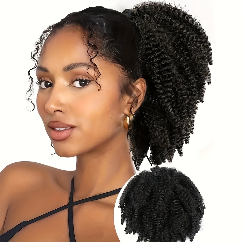   14 afro   ponytail extension with clips synthetic hair drawstring ponytail for women black secure hold natural look versatile styling for all   ponytail hair clip details 1