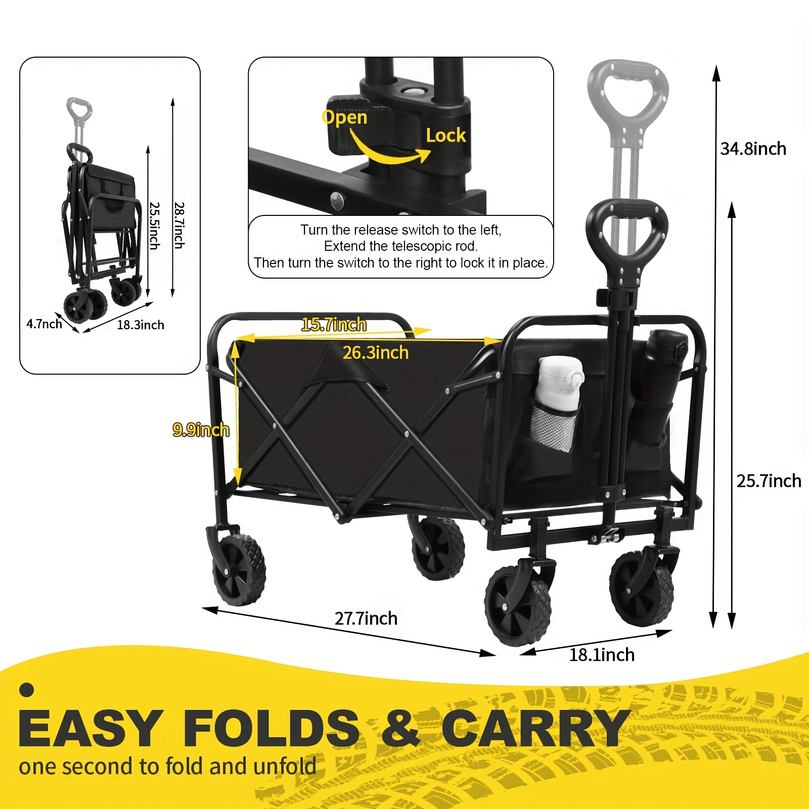 [600lbs Folding Cart] Heavy-Duty 600lbs Capacity Aluminum Alloy Folding Shopping Cart | Ergonomic Handles, All-Terrain Wheels, Durable Reinforced Frame | For Groceries, Moving, Home Use, 280lbs Folded Weight