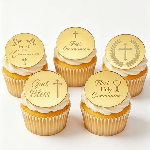 5pcs golden acrylic first holy communion cupcake toppers god cake decorations for christening christian celebrations christmas party supplies