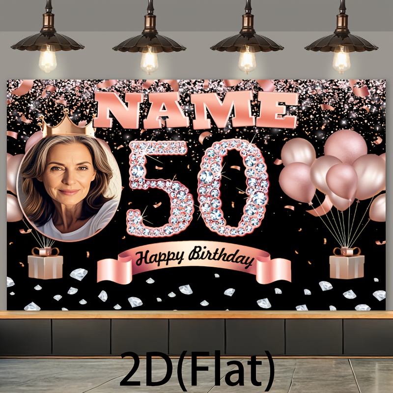2d1pcs large customizable birthday banner with personalized name and photo shiny 50th birthday background featuring   and   elements print multifunctional party wall decor suitable for themed carnivals no electricity needed perfect gift for  