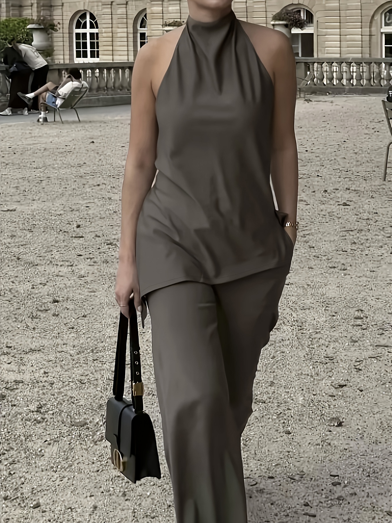 Elegant Off-Shoulder Pantsuit Set for Women Sleeveless Cowl Top  Wide-Leg Pants, Polyester Blend, Solid Color Spring/Summer, Chic  Outfit|Cold