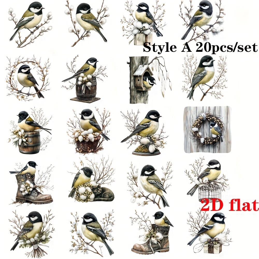 20pcs/set Vintage Titbirds On Branches Bird Series Handmade Stickers Decoration, 2d Flat