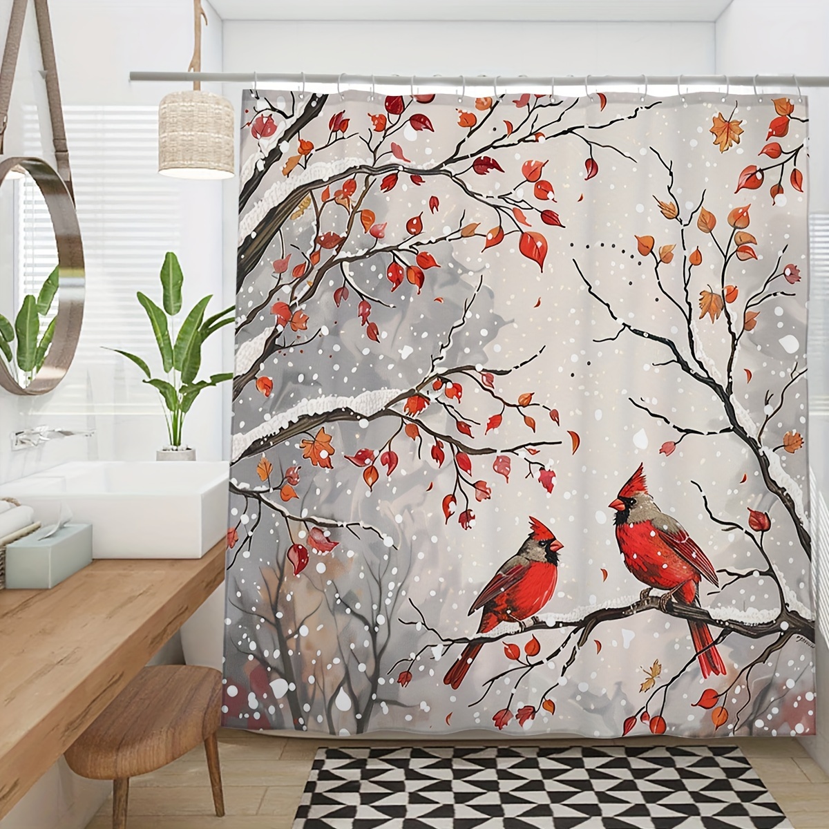 

Red Birds And Winter Berries Digital Print Shower Curtain With 12 Hooks, Water-resistant Polyester Bath Decor, Machine Washable, Modern Artistic Design, 72x72in