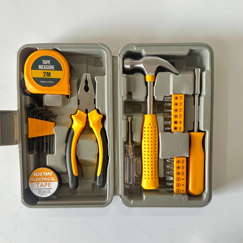 TEMU Kit de réparation domestique jaune de 24 pièces, ensemble d'outils à main multifonctionnels avec marteau, pince, mètre ruban et embouts de