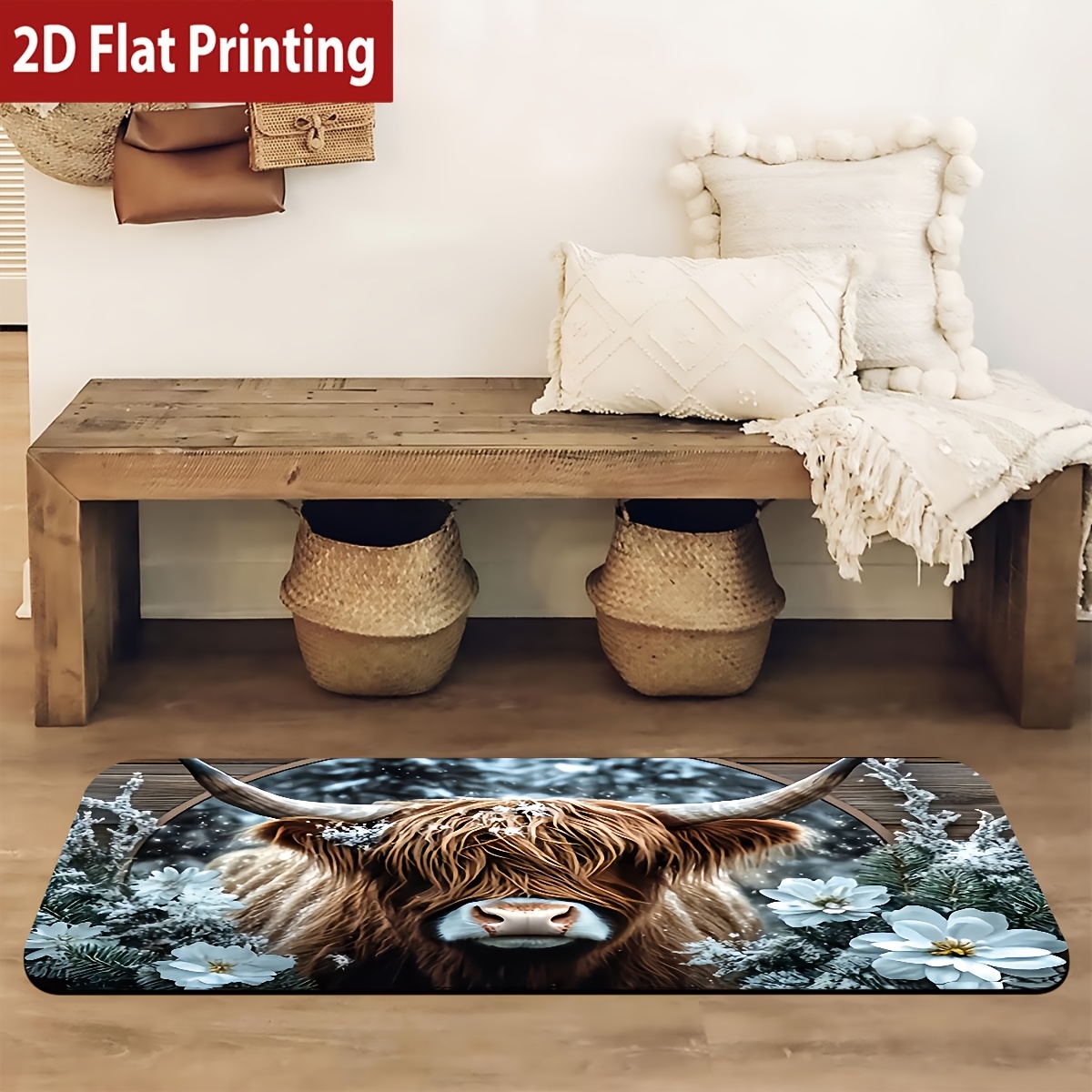 TEMU 1/2pcs Flannel Highland Cow And White Floral Kitchen Mat - Durable, Washable Mat With Rubber Backing, Suitable For Living Room, Bedroom,