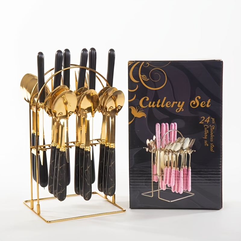 24pcs Cutlery Set, Elegant Marble Pattern Multi-Functional Tableware, Suitable for Restaurants and Desserts, Includes Dinner Forks, Soup Spoons, and Teaspoons - Ideal for Home and Hotel Kitchen Dining, Fanyishu Outdoor Tableware