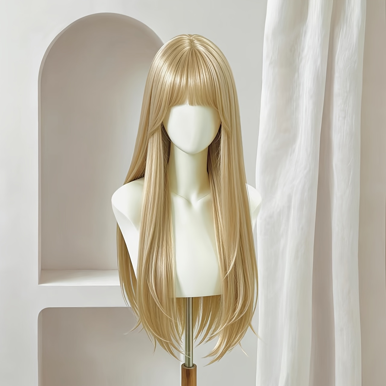 TEMU Blonde Long Straight Wig With Air Bangs, 28-inch Length, Suitable For Women' Use, Parties, Festivals, And Halloween