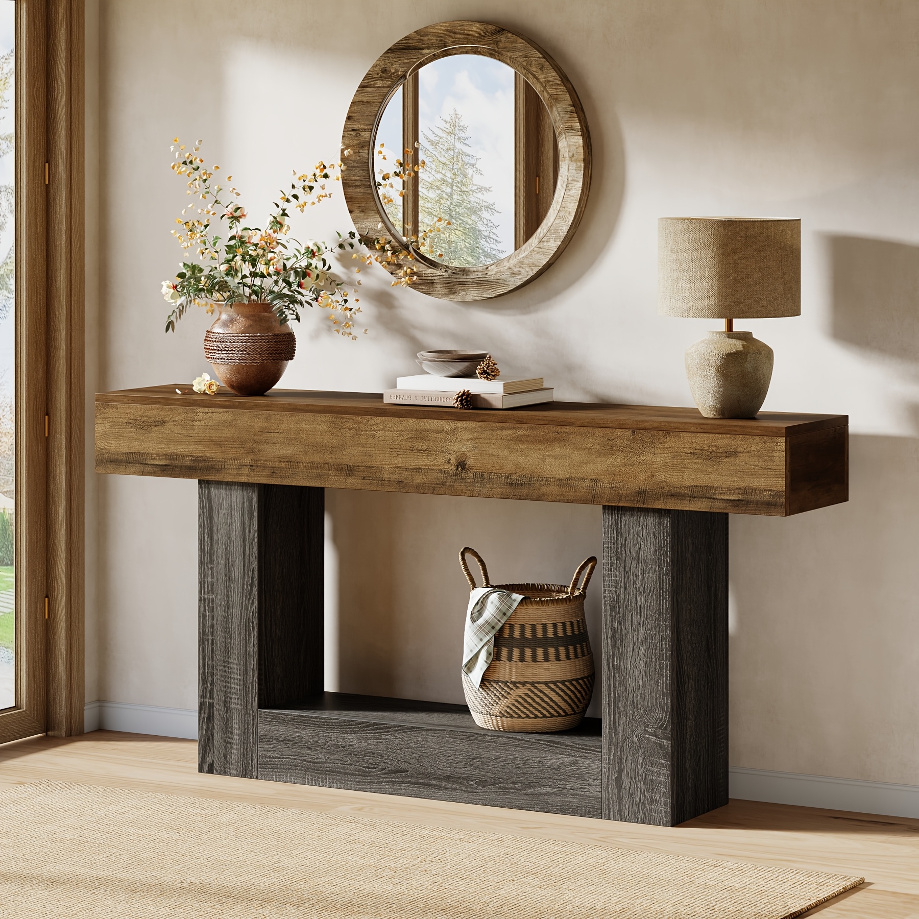 TEMU 63" Narrow Long Console Table With Storage, Farmhouse 2-tier Entryway Table With U-shaped Base, Vintage Wood Sofa Table Behind Couch Table For Living Room, Hallway, Foyer, Rustic Brown And Grey