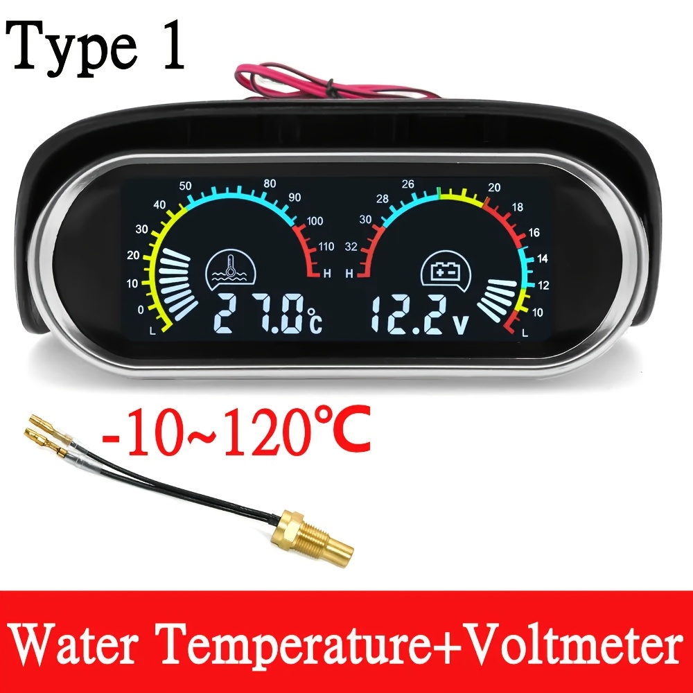 TEMU Hd 12v/24v Car 2in 1 Lcd Gauge Voltmeter water Temperature Meter With 1/8 Npt Temp Sensor Water Temp Gauge For