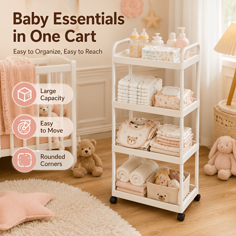 4-Tier Household Portable Floor Standing Nursing Cart with Handles, Storage Cart, Adjustable Multi-Level Changing Stand for Diapers, Bottles, And More