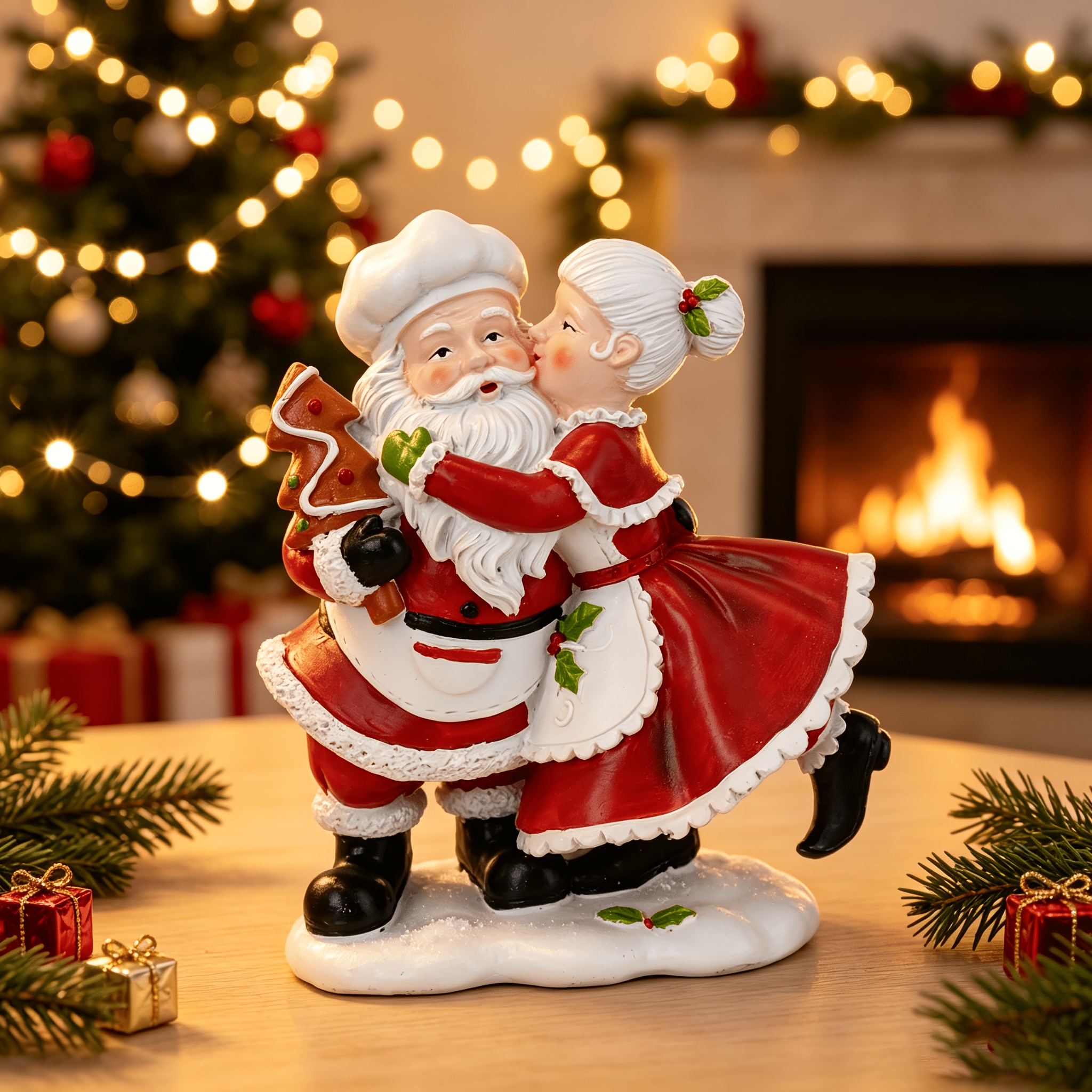 TEMU 1pc Santa Claus Couple Desktop Statue Decoration - Chef Dress Up Santa Claus Gingerbread For Resin Sculpture, Used As A Craft Decoration For