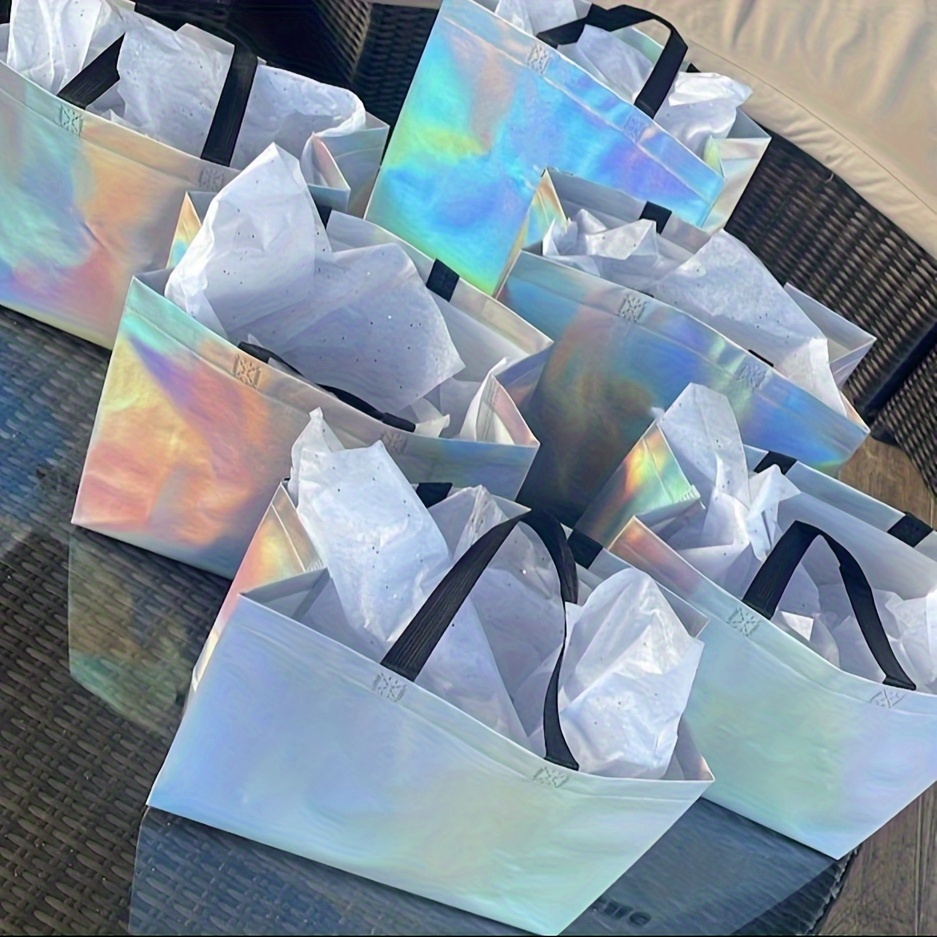 

10pcs Retro Holographic Tote Gift Bags - Iridescent Nylon Party Favor Bags With Rainbow Theme, Dragonfly Design For Bridal, Bachelorette Parties - Pink/peach