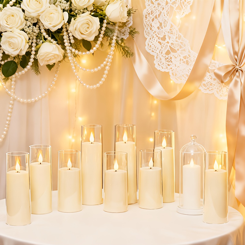 item picture set of 9   flameless candles   batteries featuring a remote control and timer   acrylic flickering led pillar candles are perfect for wedding and home decoration measuring d2 2xh56 and 7   a warm white light