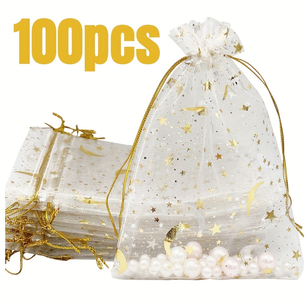 

100pcs, White Organza Jewelry Gift Bags With Drawstring Mesh Moon Star Bags For Wedding Party Favors, Jewelry, Candy, Treats Mesh Pouch (3.5x4.7inch/9x12cm)