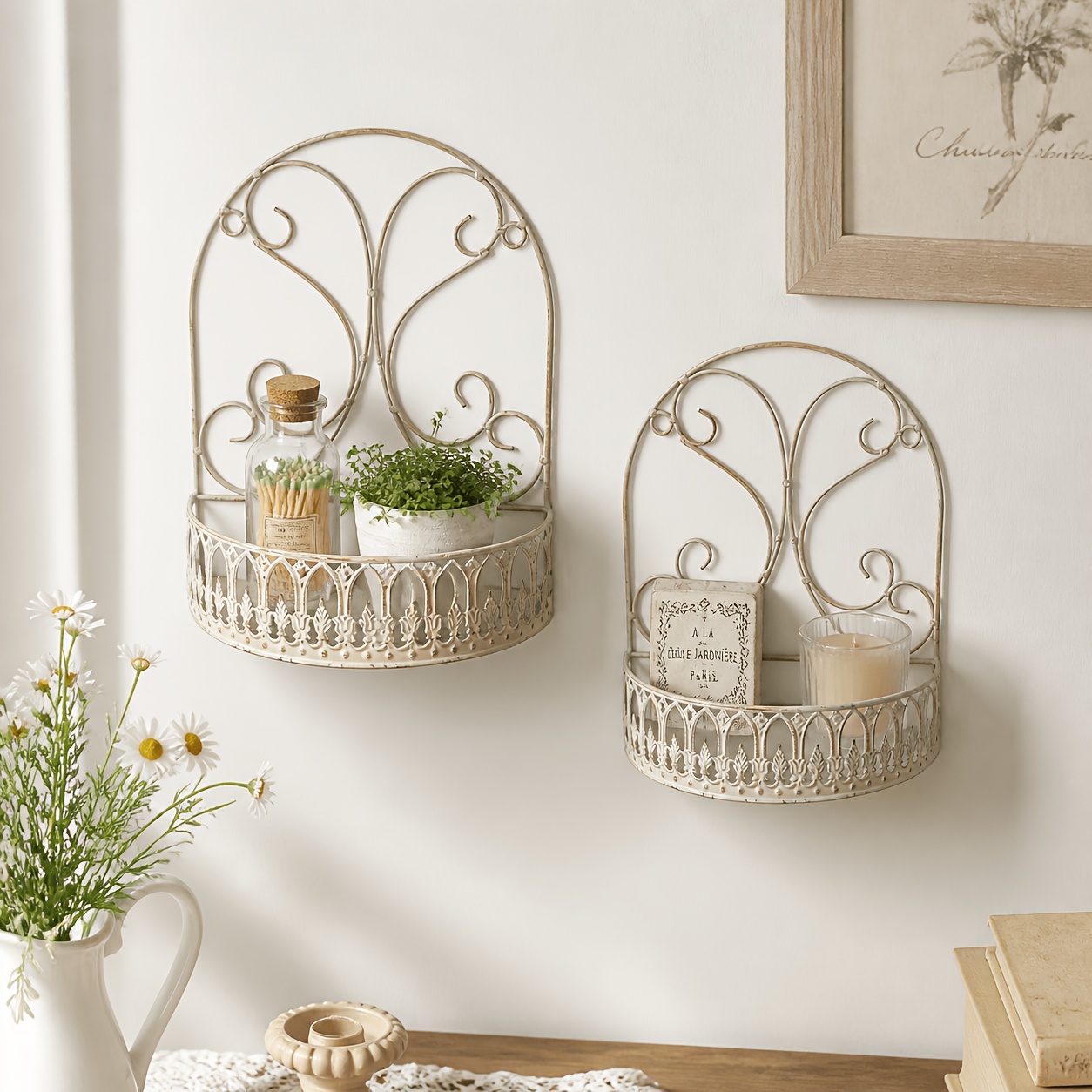 2er-Set, Vintage Wandregal aus Eisen mit Blumen * für amerikanische, französische und verschiedene Stile, Used-Look Displayregal, Blumentopfregal zum Aufhängen, für Wohnzimmer, Esszimmer,