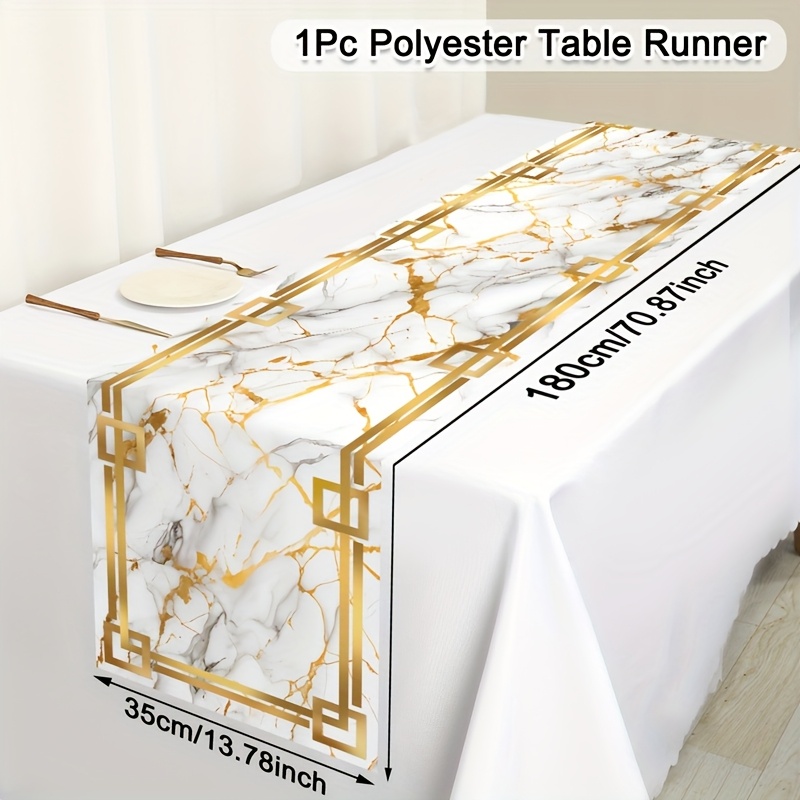 Image of Elegant Marble Table Runner 13.78 X 70.87 Inch - Texture White, Black, Blue, Polyester Table Runner, Perfect For Dining & Kitchen Table Decor, Indoor Outdoor Home Party Supplies