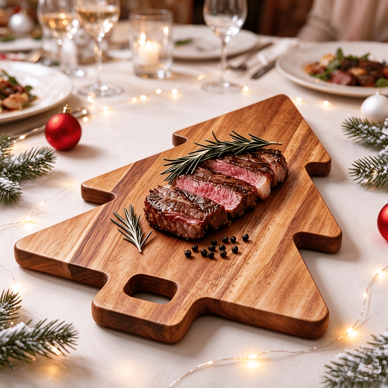 TEMU 1pc Christmas Tree-shaped Acacia Wood Serving Platter With Handle, A Wooden And Cheese Board Suitable For Steak, Cheese, Appetizers, Bread,