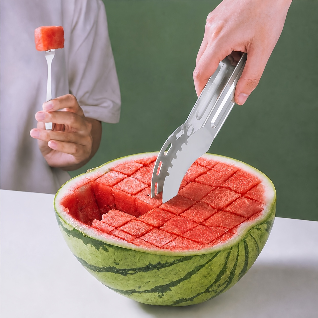 TEMU Stainless Steel Watermelon Slicer, Multi-fruit Cutter & Dicer With Ergonomic Non-slip Handle, Rust-resistant Sharp Blade For Quick , Ideal For ,