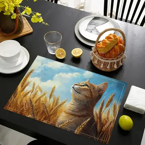 4pcs wheat field cat placemats fashion print pattern table mat for dining table kitchen party indoor holiday dinner parties and home decor table mats 12x18 inch cpd6740