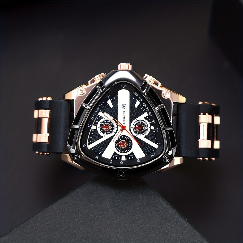 3pcs Set Men'S Quartz Watches with Silicone Strap & Date Display - Classic Triangular Dial, & Golden-Tone Case, Non-Rechargeable Battery, Casual & Sporty Wear