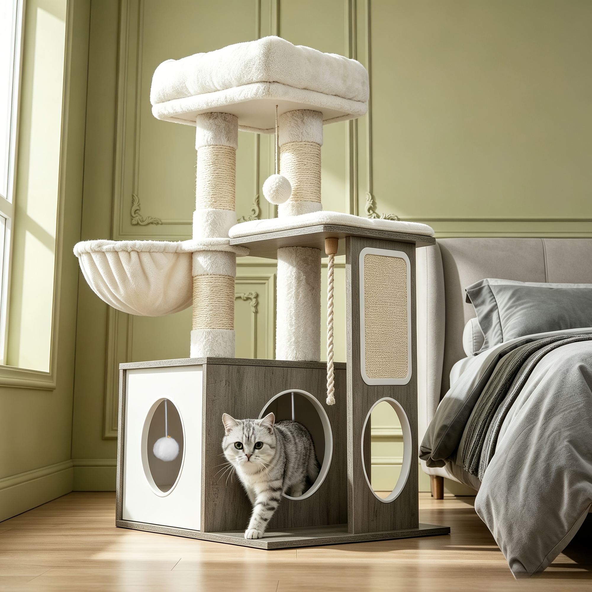 TEMU Árbol para gatos de madera de 87 cm, 3 postes de sisal, 1 cama para gato, 2 plataformas grandes de 40 x 30 cm, 1 cesta para gato, pelota de