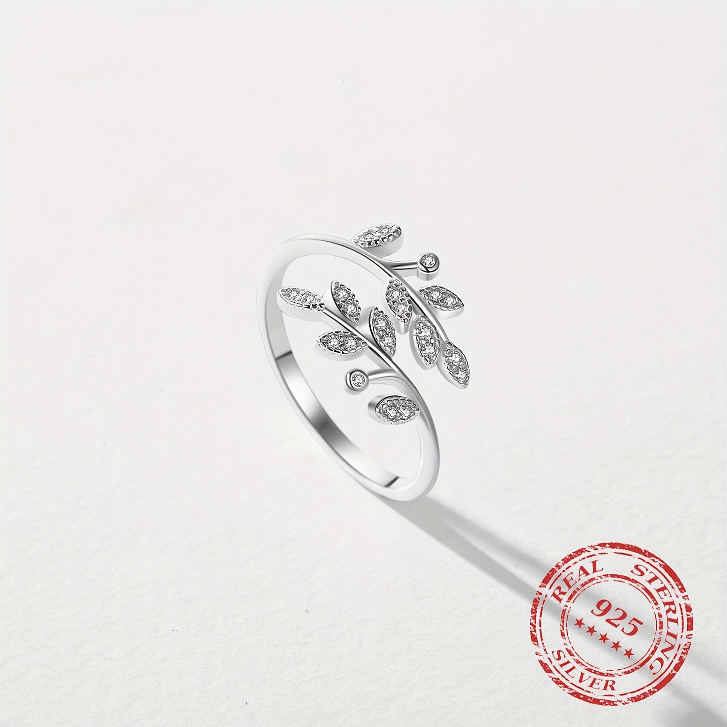 Women's 925 Sterling Silver Adjustable Ring with Sparkling CZ Leaf