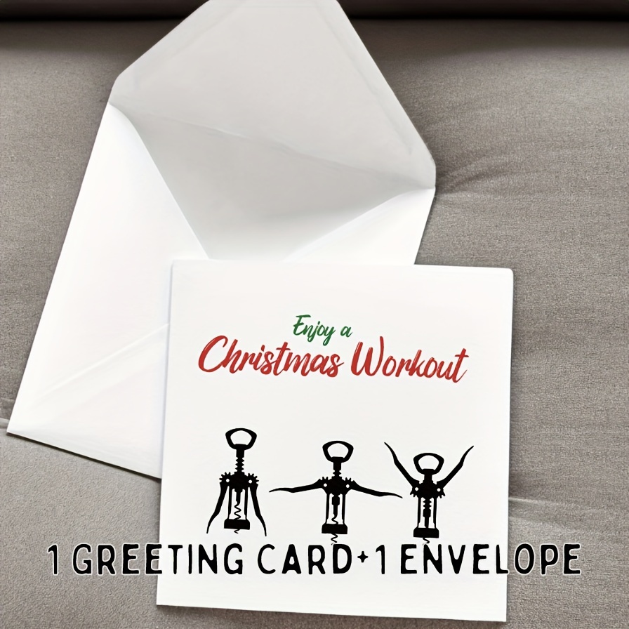 Funny Christmas Card For Dad, Mom Or . Card. Christmas Workout With Wine. Funny, Humorous And Fun. Corkscrew Including Envelope