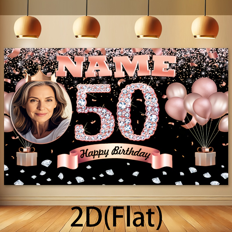 2d1pcs large customizable birthday banner with personalized name and photo shiny 50th birthday background featuring   and   elements print multifunctional party wall decor suitable for themed carnivals no electricity needed perfect gift for   0