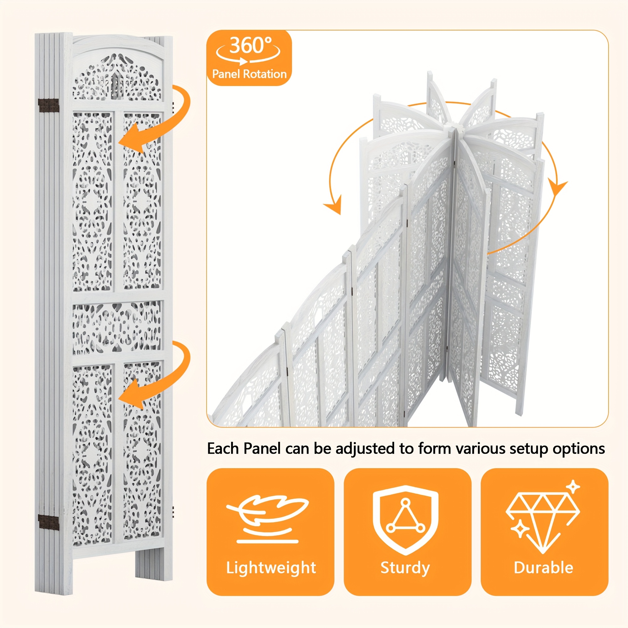 Handmade 4 or 6 Panel Floral Carved Wood Room Divider Screen - Freestanding Folding Privacy Partition with Burning Walnut & White Finish, Ornate Lattice Design, Lightweight Portable for Home Office Hotel Decor, Space-Saving Decorative Partition