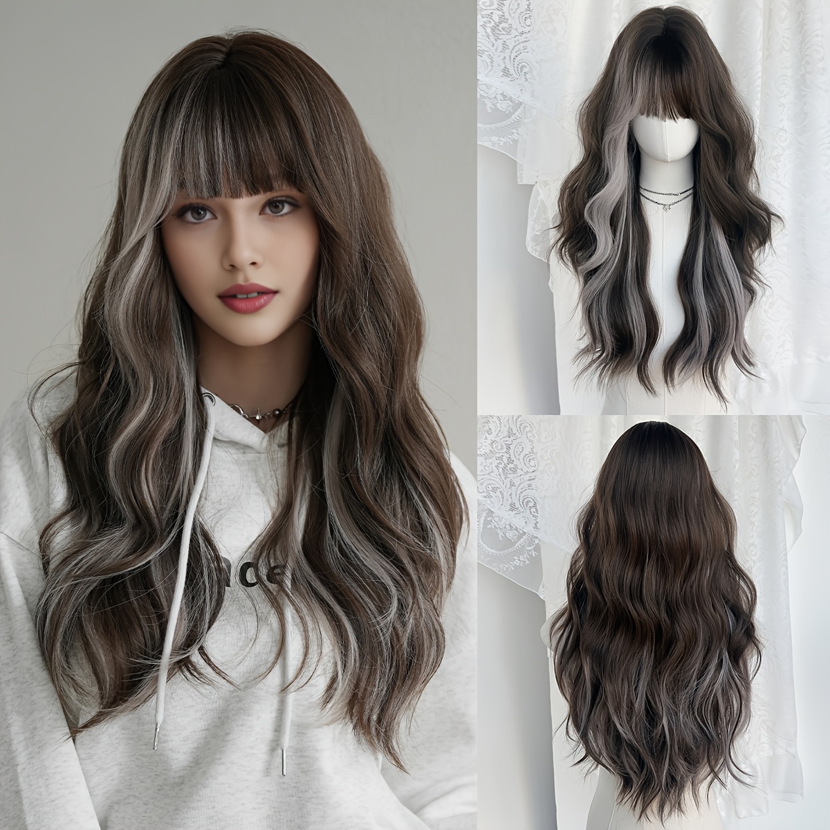Image of Routine Wigs Long Water Wave Wigs With Bangs High Density Highlight Gray Wig For Women Daily Party Use Heat Resistant Synthetic Wigs 27.55 Inches