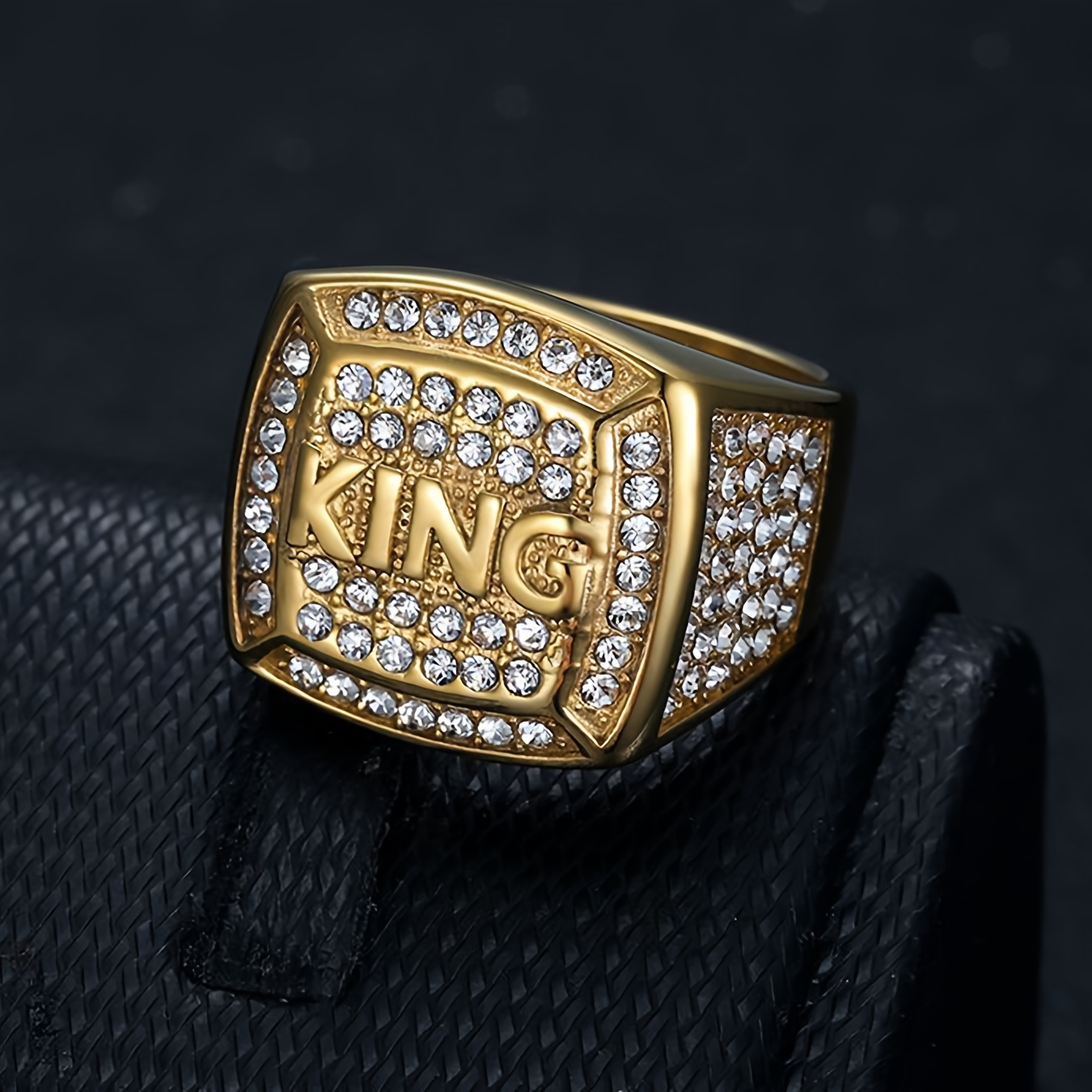 Image of 1 Copper-inlaid Rhinestones Square King Letter Hip-hop Trendy Men's Fashion Ring For Daily And Party Wear