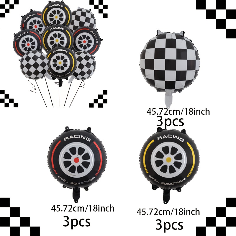 Image of Black And White Checkered Balloons, Racing Car And Tire Designs, Foil Checkered Flag Balloons, For Racing-themed Party Supplies, Birthday Party Decorations
