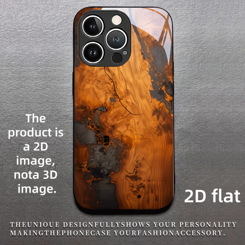 TEMU Phone Case: 2d Flat Resin Wood Art Spliced Pattern Tempered Glass Phone Case In Black For Iphone 17/17air/17pro/17promax/iphone