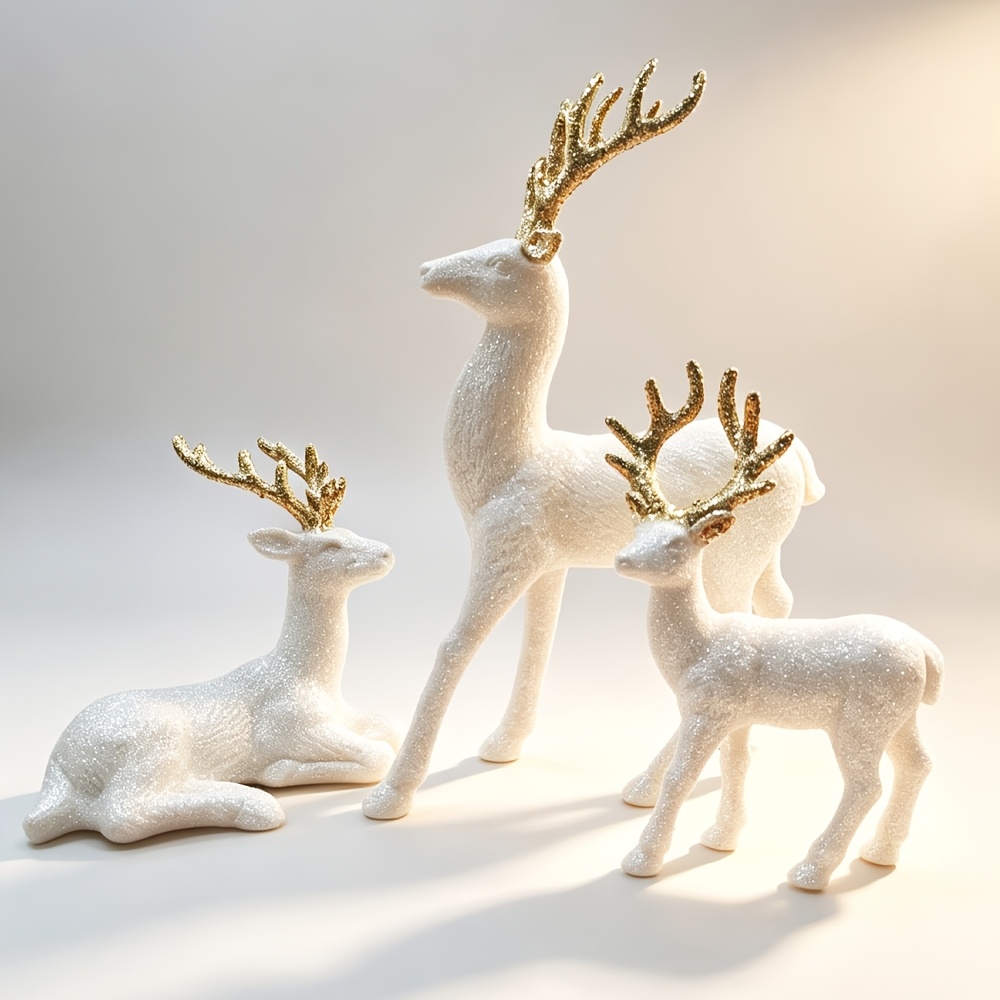TEMU 3pcs Collectible Figurines, Christmas Reindeer Statue Ornaments, White, Sparkling, Plastic Material, Suitable For Christmas, Thanksgiving,