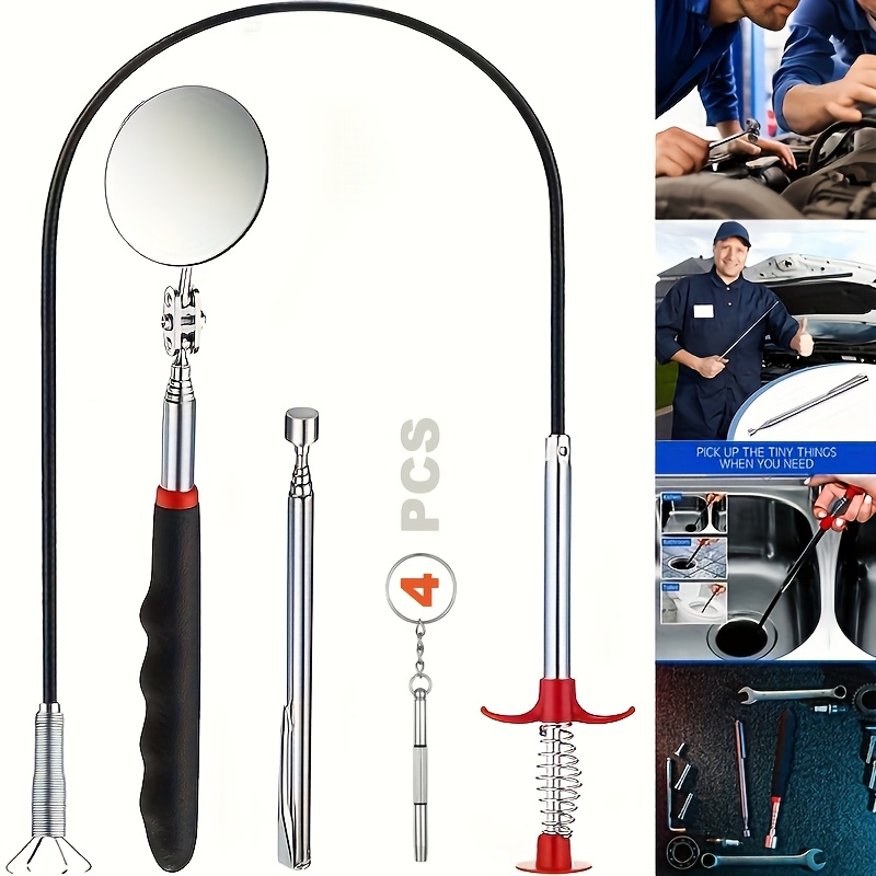 TEMU 4pcs Set Includes: 3-in-1 Screwdriver Bit, Telescopic Magnetic Pickup Tool Set, Retractable Grabber Tool, Flexible Spring Grabber Drain ,