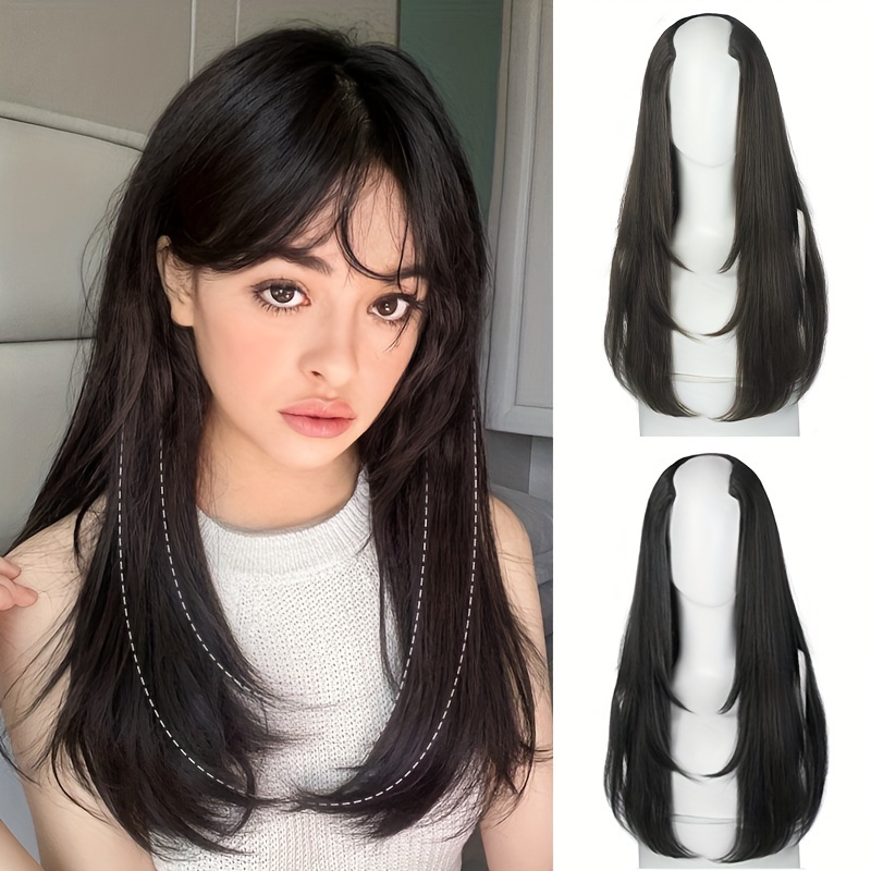 fluffy v shaped long hair extension for women synthetic layered wig with clips increases volume adds   details 2