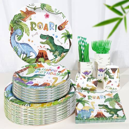 set of 140 dinosaur themed birthday party supplies featuring watercolor designs of roaring dinosaurs and including disposable plates napkins cups green forks knives and straws