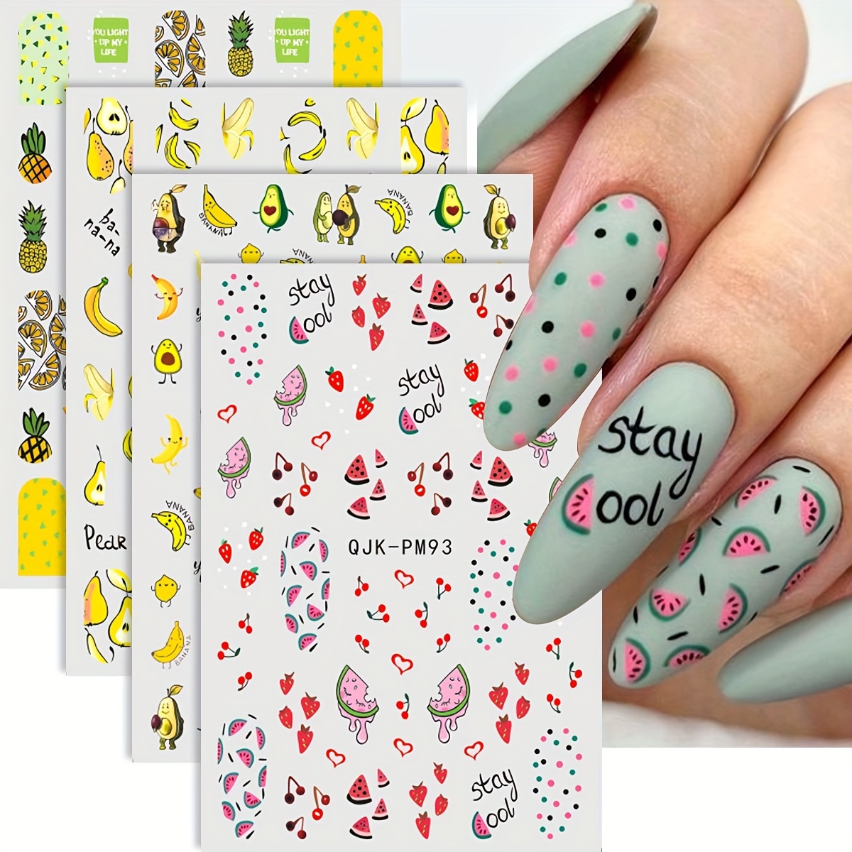 

4 Sheets Summer Fruits 3d Nail Stickers Self Adhesive Cute Cartoon Pineapple Banana Watermelon Cherry Design Nail Stickers Decal Manicure Decorations