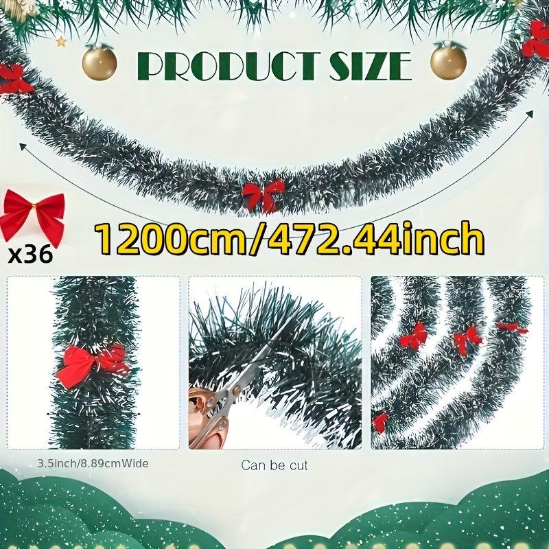 Image of Ultra-long 472.44-inch Christmas Wreath, With 36pcs Red Bows, Decor, Easy To Shape And Trim, No Electricity Or Needed, Suitable For Home And Outdoor Decoration Holiday Party Supplies