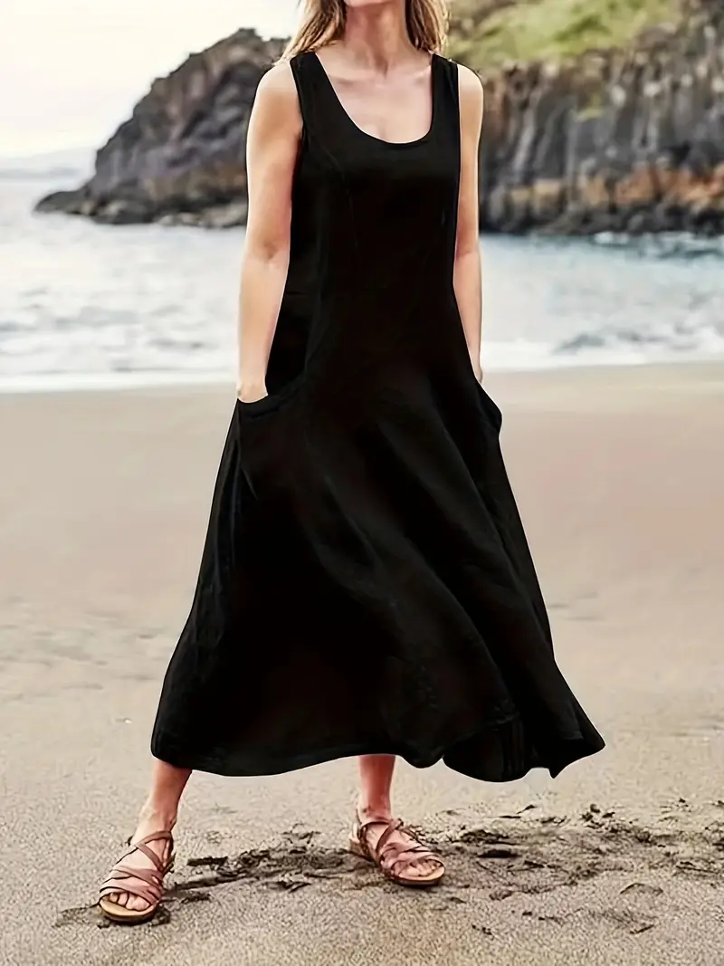 womens casual sleeveless cotton linen a line dress with pockets length round neck loose fit machine washable for spring summer fall summer fashion natural fabric details 2